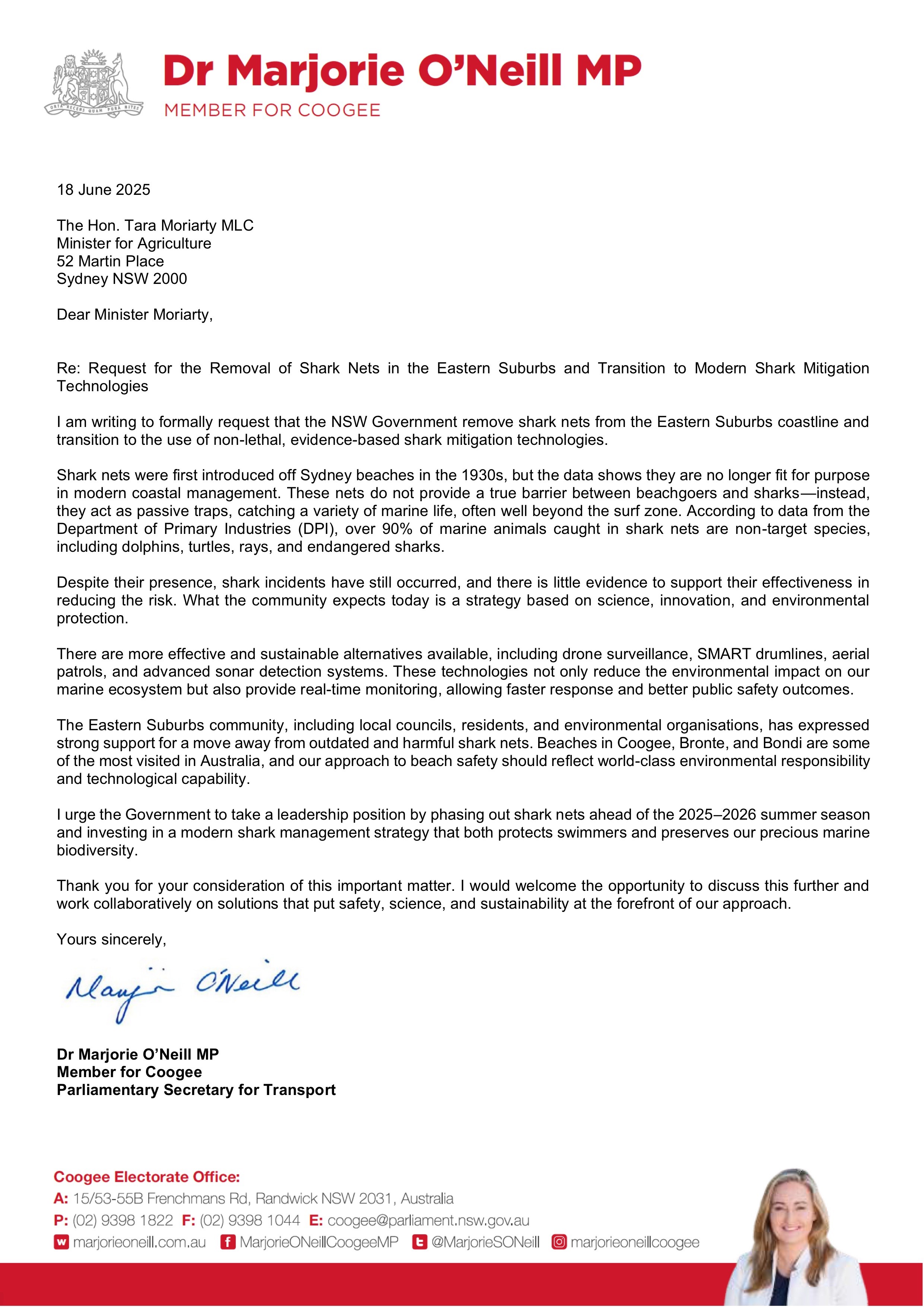 Letter to the Hon Tara Moriarty - Minister for Agriculture - Request for the Removal of Shark Nets from the Eastern Suburbs